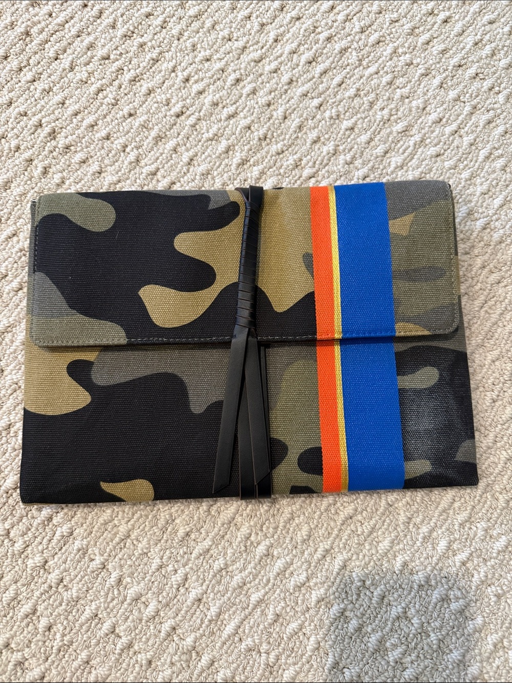 Stella and Dot Camouflage Canvas Foldover Clutch with Blue & Orange Stripe
